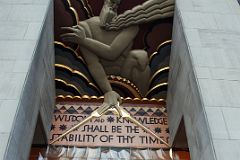 New York City Rockefeller Center 03B Frieze Above Main Entrance By Lee Lawrie Depicts Wisdom With Slogan Wisdom and Knowledge Shall Be The Stability Of Thy Times
